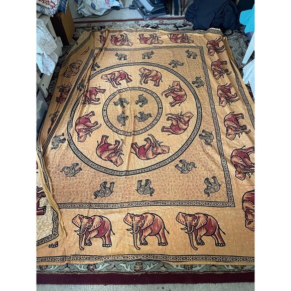 Elephant Mandala Block Print Batik Tapestry Wall Hang/Tablecloth/Bed Spread - Picture 2 of 2